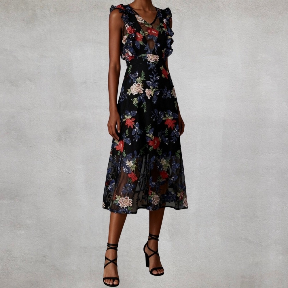 Anthropologie Vone Avalyn Floral Embroidered Ruffle Midi Dress Wedding Guest 6